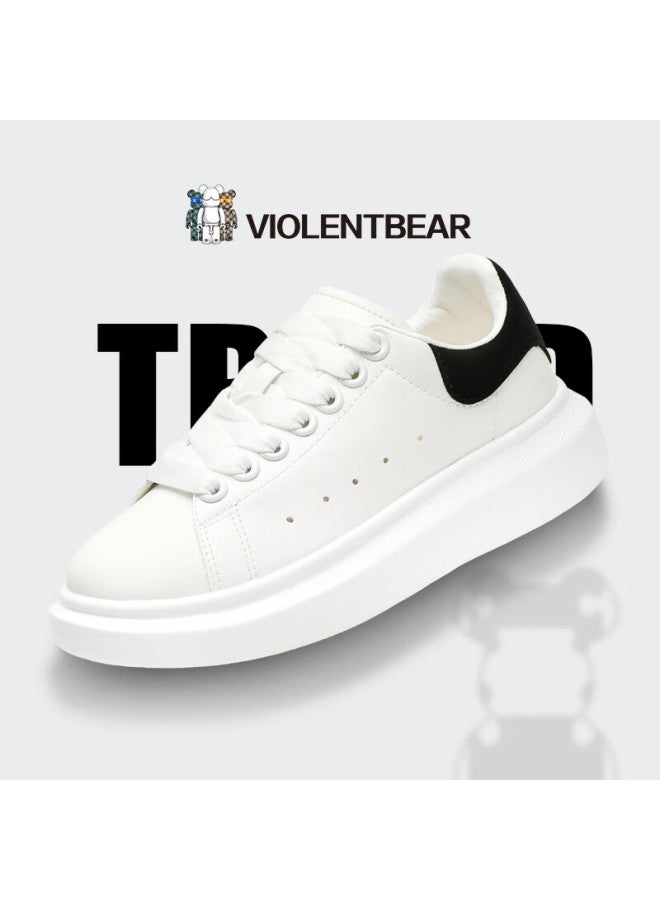 Violentbear 2 White Sneakers, Autumn Breathable Casual Shoes, Genuine Leather, Classic Versatile Low-top For Couples, White And Black, Size 44