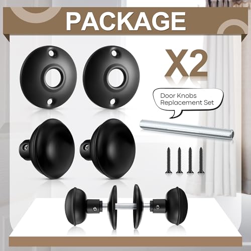 Saillong 2 Sets Interior Door Knob Set with Spindle Round Rosettes Old Style Door Knob Replacement with Electroplate Design 22in Outside Diameter for Interior Matte Black - Image 3