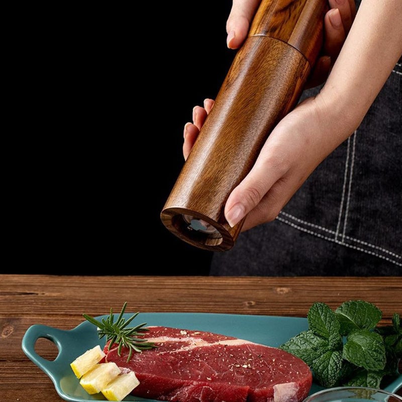 Acacia Wood Salt And Pepper Grinder Set Ceramic Core 8 Inch Refillable Two Piece - Image 5