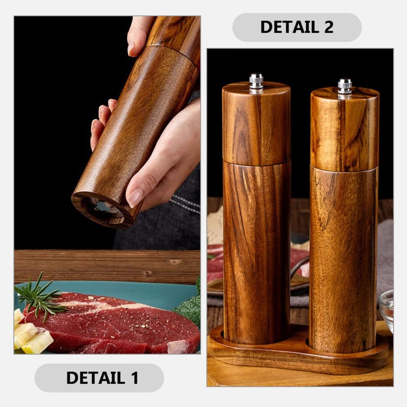 Acacia Wood Salt And Pepper Grinder Set Ceramic Core 8 Inch Refillable Two Piece - Image 4