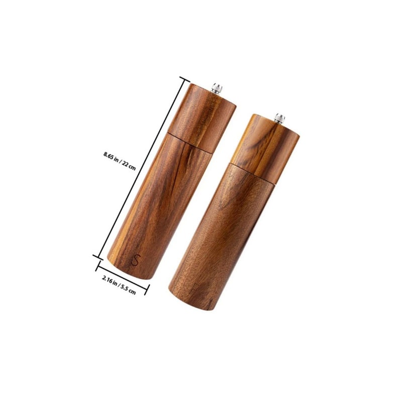 Acacia Wood Salt And Pepper Grinder Set Ceramic Core 8 Inch Refillable Two Piece - Image 3