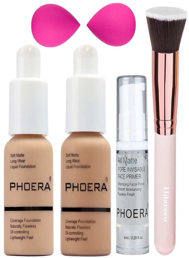 Hilareco PHOERA Foundation & Primer Set, Full Coverage, Flat Top Kabuki Brushes & 2 Pcs Makeup Sponge (Buff Beige + Sand) - Image 1