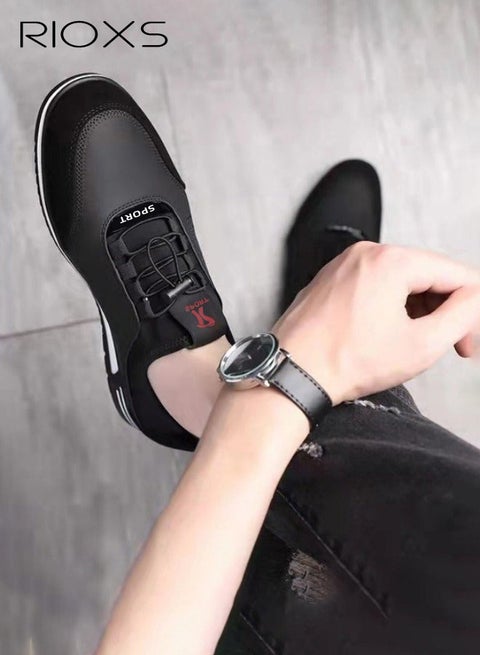Men's Sneakers, Lightweight Outdoor Leather Sports Shoes for Men, Classic Lace Up Running Shoes, Comfy Athletic Shoes Casual Walking Shoes, Breathable Soft Bottom Sneakers, for Traveling Driving Walking Comutting and More, Black