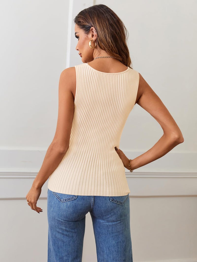 MEROKEETY Women's Ribbed Knit Tank Tops 2025 Square Neck Sleeveless Summer Basic Shirts Sweater Vest Beige M - Image 3