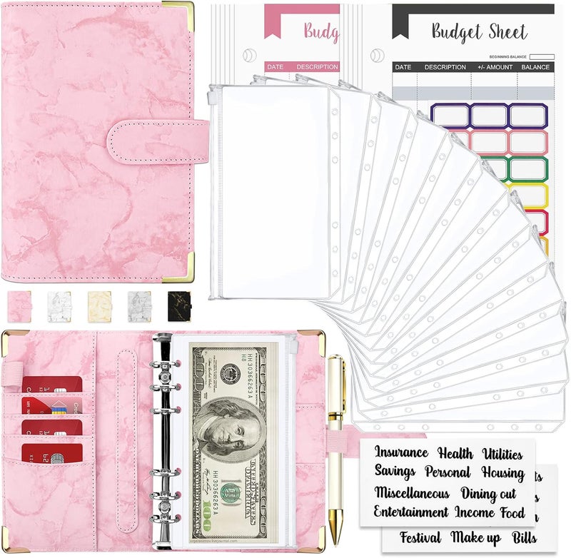 Onlyesh Budget Binder, Cash Envelopes for Budgeting, Money Organizer for Cash, 28Pcs Budget Binder with Cash Envelopes, Marble 6-Ring Money Saving Binder(Pink) - Image 1