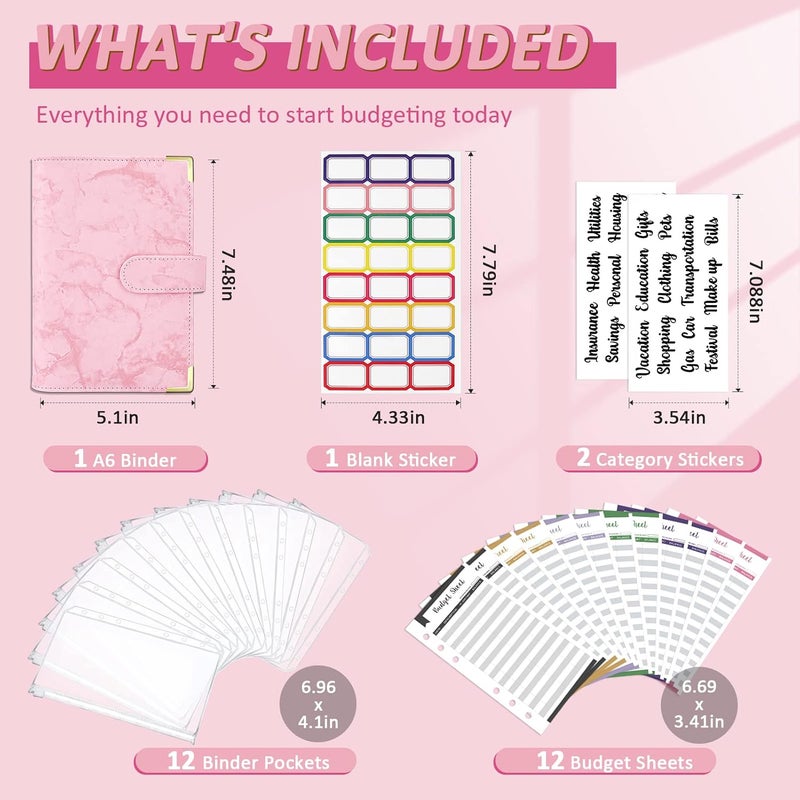 Onlyesh Budget Binder, Cash Envelopes for Budgeting, Money Organizer for Cash, 28Pcs Budget Binder with Cash Envelopes, Marble 6-Ring Money Saving Binder(Pink) - Image 2