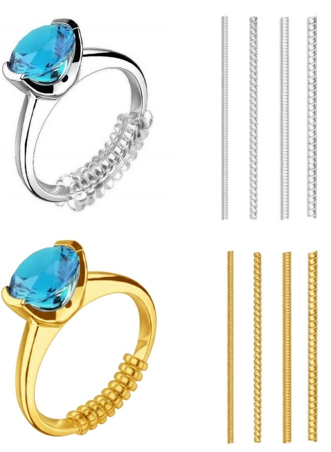 Loose Ring Size Adjuster Set – 8 Pieces (4 Transparent + 4 Gold) – Anti-Slip Silicone Tools for Securing Oversized Rings on Your Finger Easily – Adjustable Ring Resizers Without Permanent Alteration – Comfortable, Safe, and Invisible – Perfect for Daily Wear, Engagement, Wedding, and Gold Rings for Women and Men - Image 1
