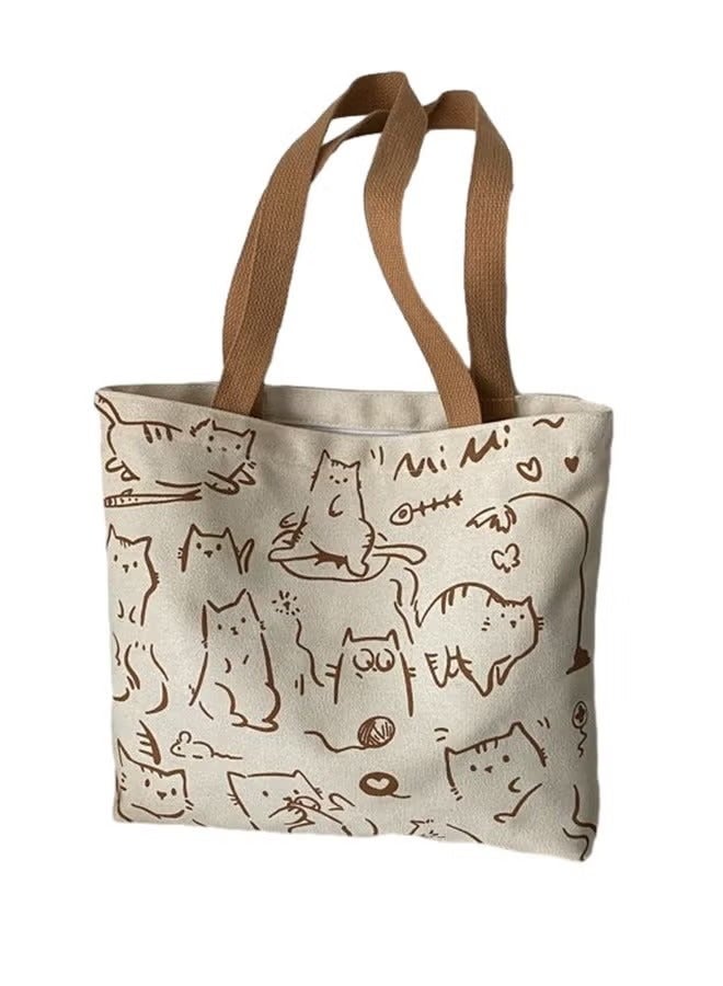 Cartoon Cat Canvas Tote Bag，One Shoulder Canvas Bag ,Shopping Grocery Bag Inside with Zipper and Small Pocket, Gifts Reusable  Bag - Image 1