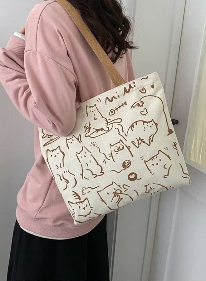 Cartoon Cat Canvas Tote Bag，One Shoulder Canvas Bag ,Shopping Grocery Bag Inside with Zipper and Small Pocket, Gifts Reusable  Bag - Image 3