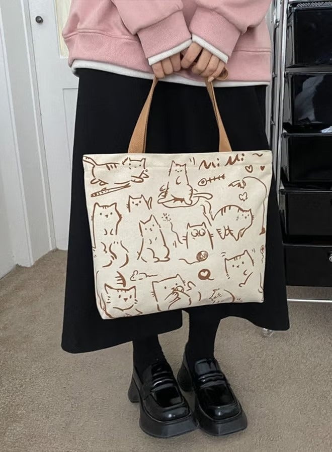 Cartoon Cat Canvas Tote Bag，One Shoulder Canvas Bag ,Shopping Grocery Bag Inside with Zipper and Small Pocket, Gifts Reusable  Bag - Image 4