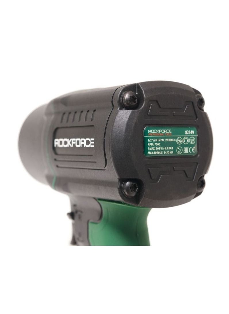 ROCKFORCE ROCKFORCE 1/2" Drive Air Impact Wrench - Lightweight, Working Torque 1450 NM, Adjustable Power, Twin Hammer, Black/Green  - Image 5