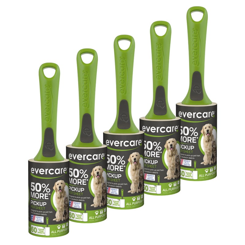 Evercare Value Pack Of 5 All Purpose Stick Pet Hair Lint Rollers 60 Sheets Each Total 300 Sheet Green