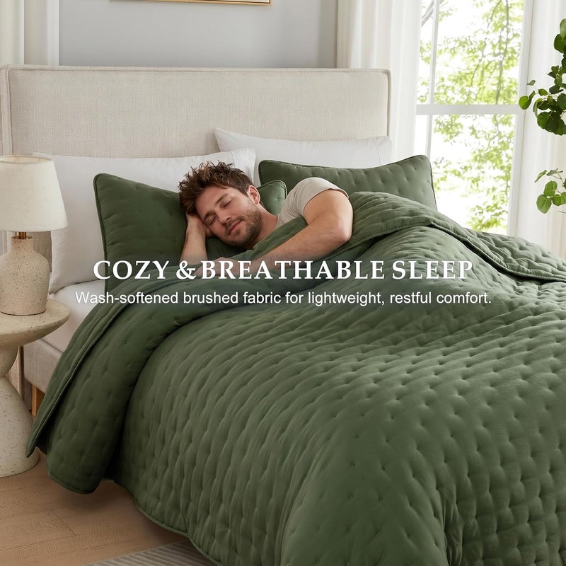 WDCOZY Olive Green Quilt Twin Size Bedding Set with Pillow Sham, Lightweight Bedspread Coverlet, Tan Soft Bed Cover for All Season - 2 Pieces, 68x90 inches - Image 2