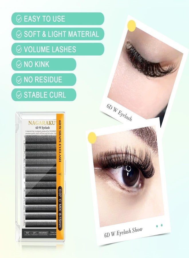 NAGARAKU 6D W Shape Eyelash Extension Supplies Natural Soft Volume 0.07mm D curl 8-15mm Mix Premade Fans Faux Mink Matte Black Cluster Easy Fanning False Lashes - Image 5
