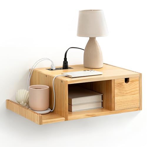 Afuly Floating Nightstand with Charging Station Modern Night Stand with Drawer Wall Mounted Bedside End Table Solid Wood Nightstand Side Table Shelf for Bedroom Natural Wooden Decor