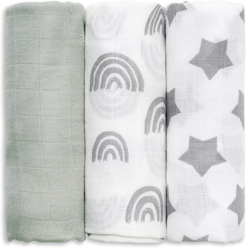 3 Pack Muslin Swaddle Blankets - Soft and Breathable Infant Receiving Blankets with Star Design - Image 1