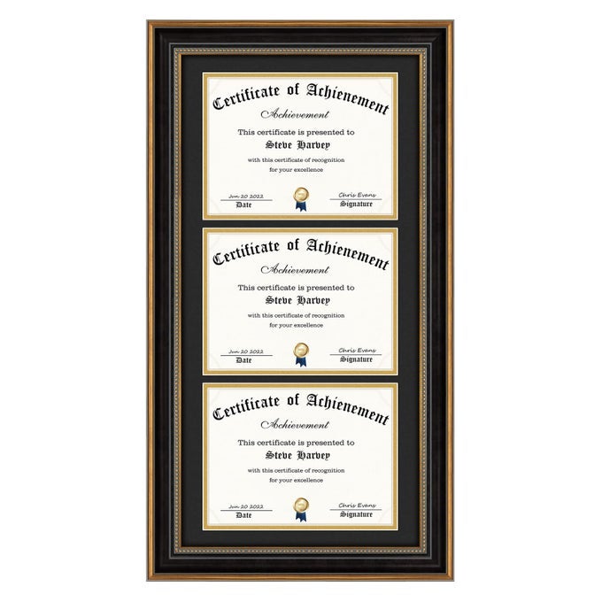 14x29 Triple Certificate Frame with 3 Openings for Three 85x11 DiplomaColor Ornate Gold Black