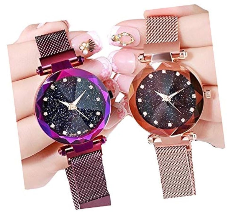 Acnos® Premium Black Round Diamond Dial with Latest Generation Purple & Rosegold Magnet Belt Analogue Watch for Women Pack of - 2 (DM-PURPLE-ROSEGOLD03) - Image 1