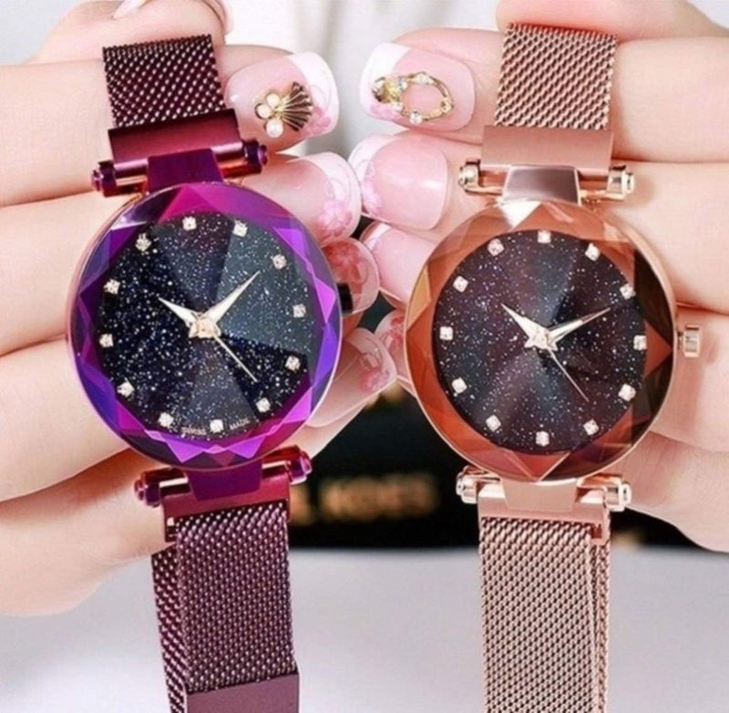 Acnos® Premium Black Round Diamond Dial with Latest Generation Purple & Rosegold Magnet Belt Analogue Watch for Women Pack of - 2 (DM-PURPLE-ROSEGOLD03) - Image 3