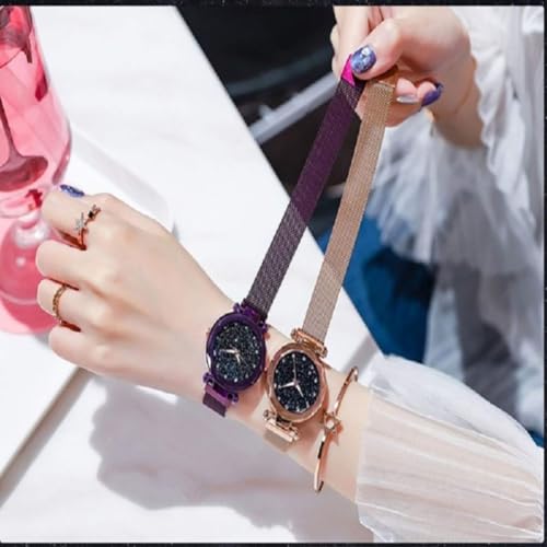 Acnos® Premium Black Round Diamond Dial with Latest Generation Purple & Rosegold Magnet Belt Analogue Watch for Women Pack of - 2 (DM-PURPLE-ROSEGOLD03) - Image 5
