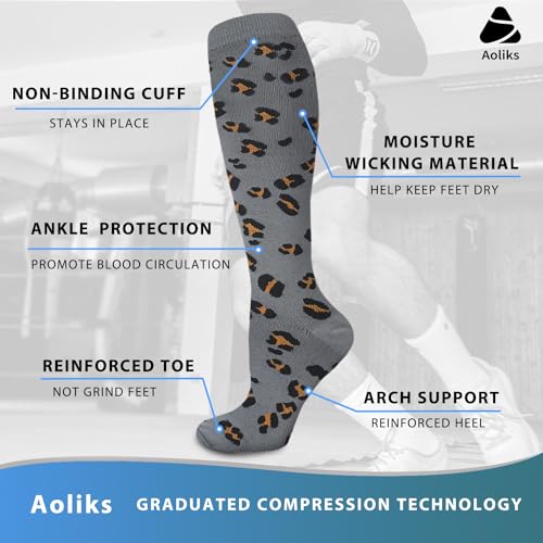 Aoliks Compression Socks for Women and Men, Knee High Support Stockings, Travel Gifts for Women, Fashion Compression Socks for Trips and Vacation, Black Leopard Design - Image 5