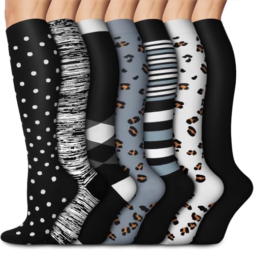 Aoliks Compression Socks for Women and Men, Knee High Support Stockings, Travel Gifts for Women, Fashion Compression Socks for Trips and Vacation, Black Leopard Design - Image 1