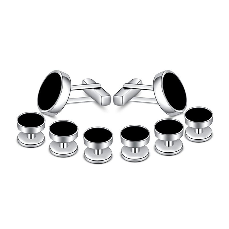 MERIT OCEAN Mens Onyx Cufflinks and Studs Set Silver Black Cufflinks for Men Tuxedo Shirts Business Wedding Gift - Image 3