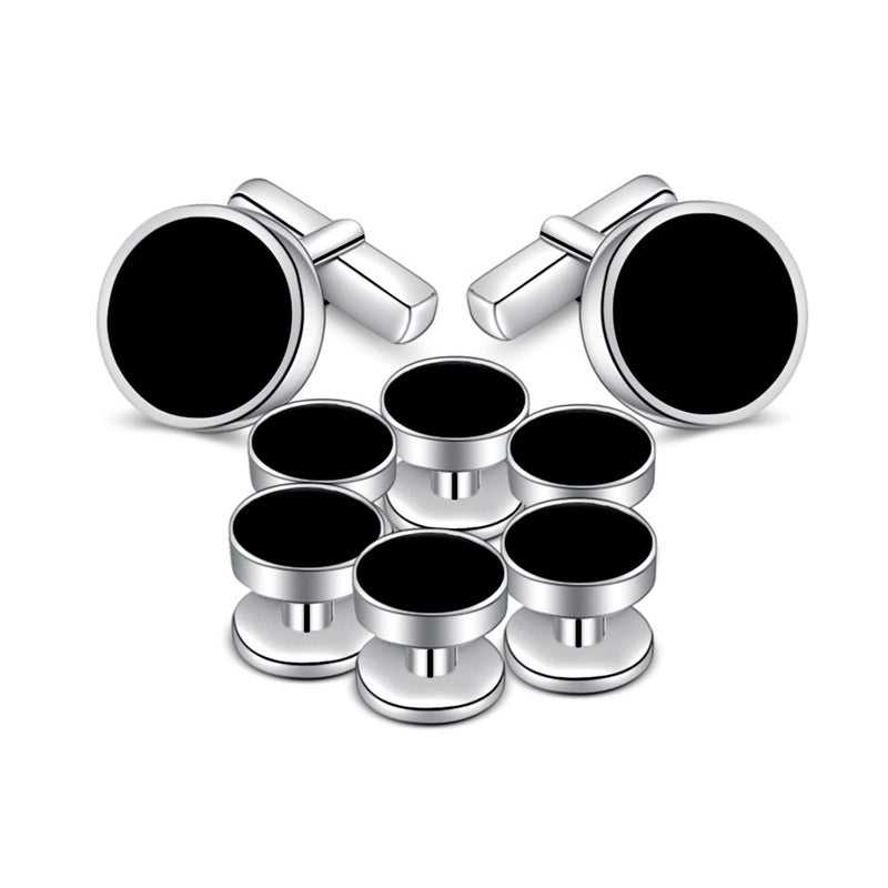 MERIT OCEAN Mens Onyx Cufflinks and Studs Set Silver Black Cufflinks for Men Tuxedo Shirts Business Wedding Gift - Image 4