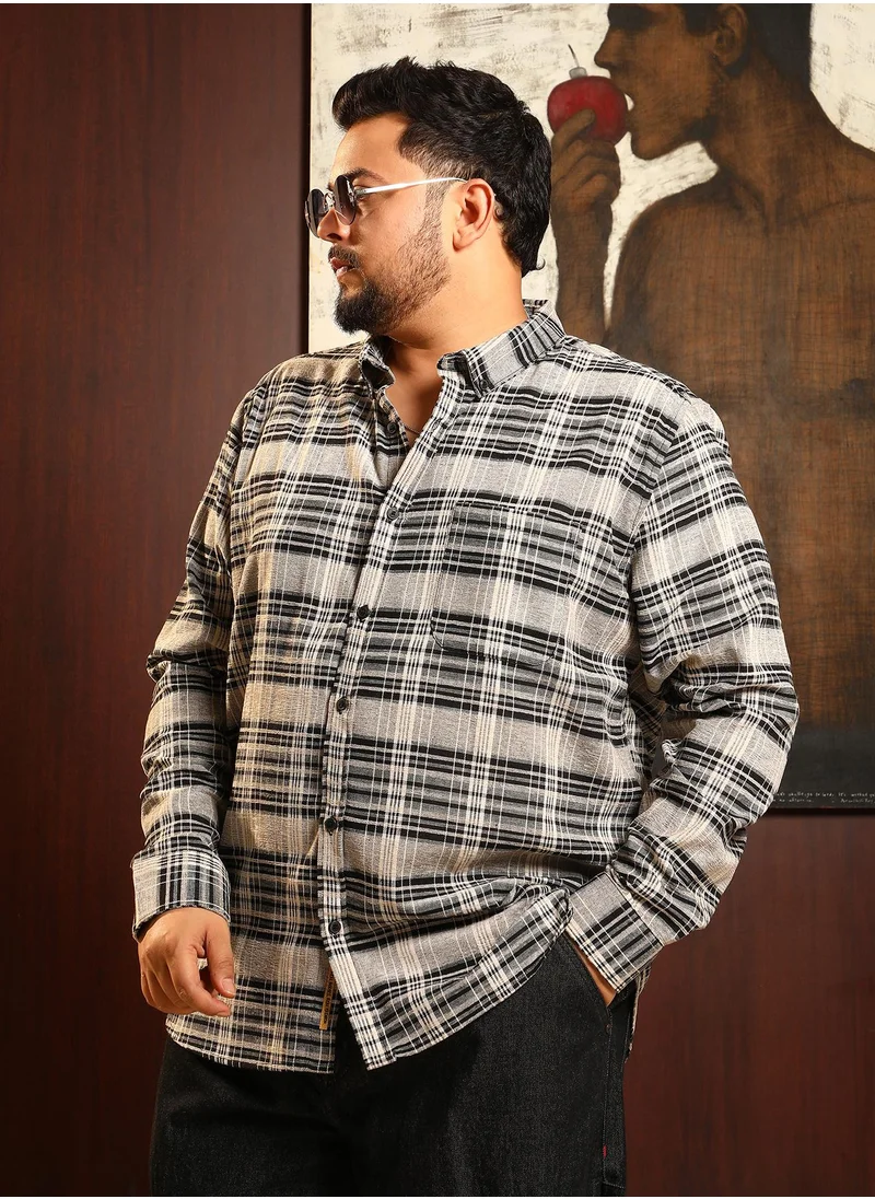 انستافاب بلس Instafab Plus Men's Black & White Static-Check Regular Shirt For Casual Wear | Spread Collar | Long Cuffed Sleeves | Button Closure | Plus Size Shirt Crafted With Comfort Fit For Everyday Wear