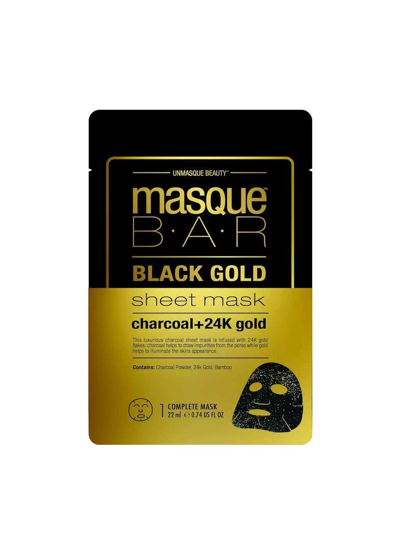 masque Bar - masque BAR Black Gold Sheet Mask with 24k Gold Charcoal Powder and Bamboo  Enriched Pore Refiner to Brighten Skin  Made in Korea - Image 1