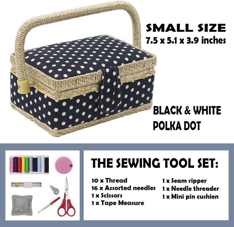 DD Sewing Basket Kit Sewing Box with Mini Sewing Accessories for Kids, Small (Black Polka Dot) - Image 5