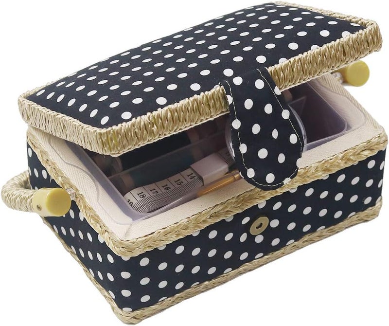DD Sewing Basket Kit Sewing Box with Mini Sewing Accessories for Kids, Small (Black Polka Dot) - Image 1