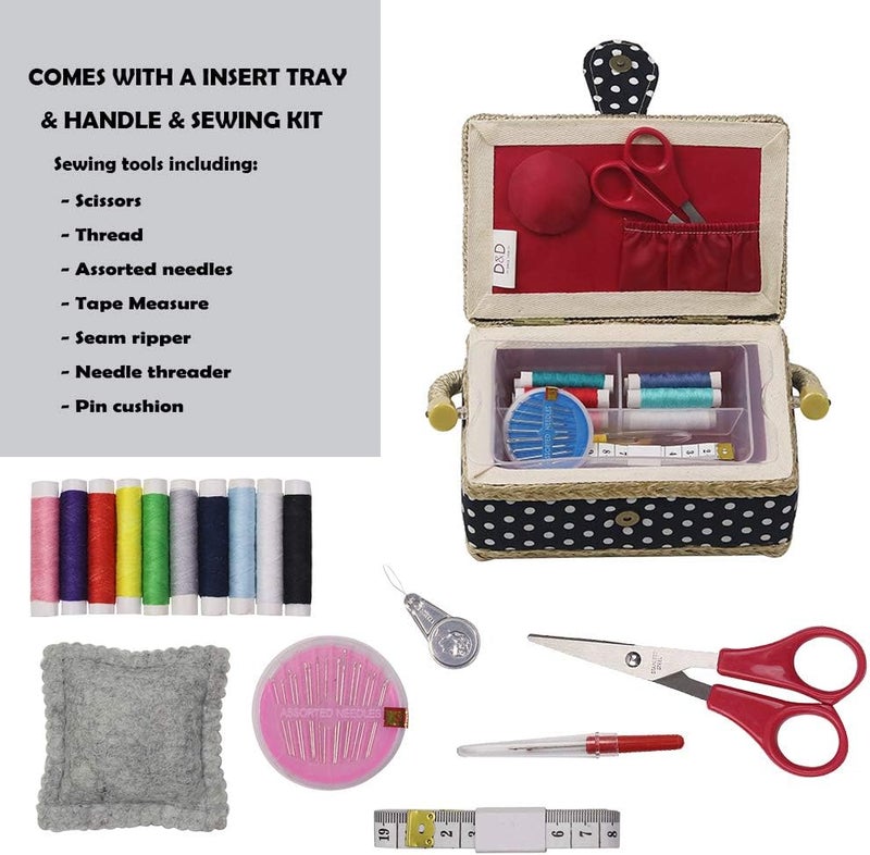 DD Sewing Basket Kit Sewing Box with Mini Sewing Accessories for Kids, Small (Black Polka Dot) - Image 2