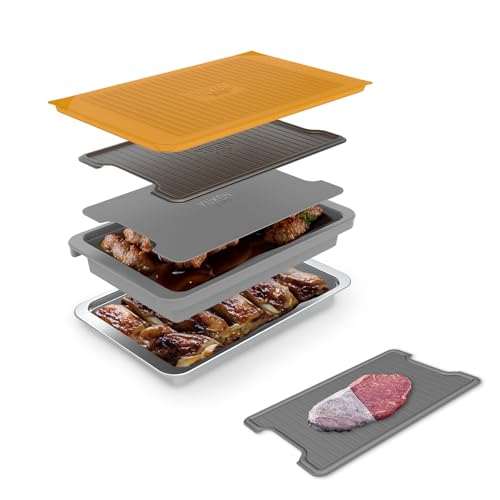 PREP N Serve Premium Set  Plastic Container with Lid for Marinades Stainless Steel Serving Tray Aluminum Defrosting Tray and a Plastic Cutting Board  The Ultimate BBQ Food Prep Utensil Set