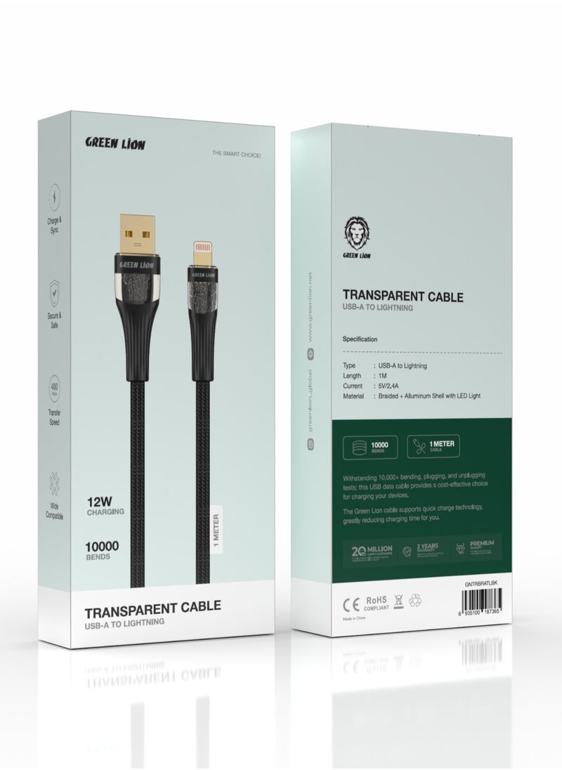 GREEN LION Transparent Cable USB-A to Lightning / 12W Charging / Long Length / 10000 Bends / Charge & Sync / Secure & Safe / High Transfer Speed / Quick Charge Technology / Wide Compatible / LED Light - Black  - Image 2