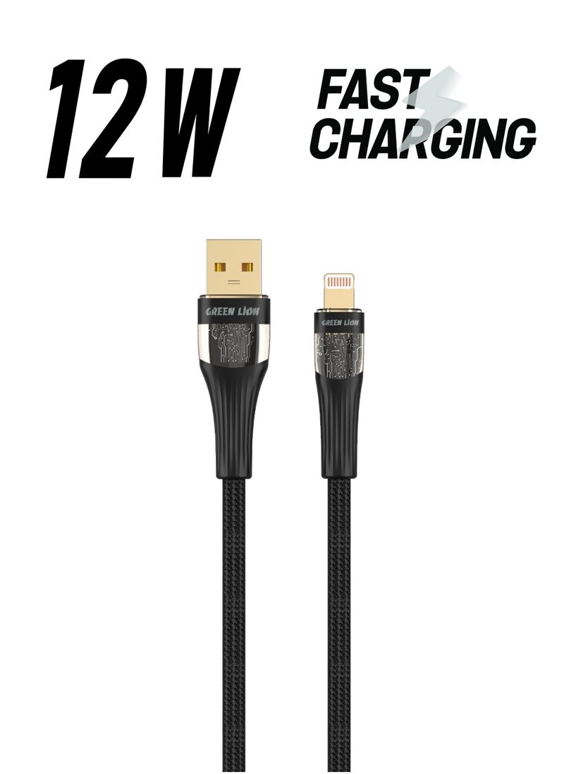 GREEN LION Transparent Cable USB-A to Lightning / 12W Charging / Long Length / 10000 Bends / Charge & Sync / Secure & Safe / High Transfer Speed / Quick Charge Technology / Wide Compatible / LED Light - Black  - Image 1