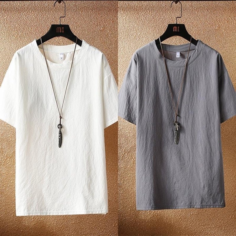 Linen Short-Sleeved Men'S Summer Thin Casual Cotton And Linen T-Shirt Loose Half-Sleeved Fashionable Plus Size Pure White Base Shirt - Image 1