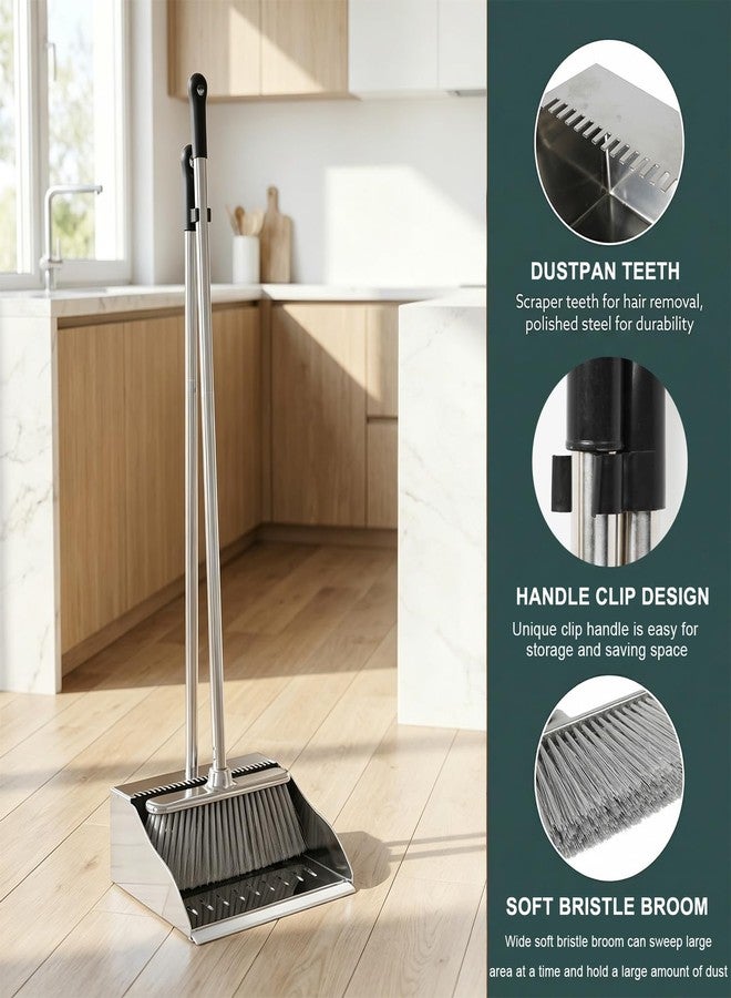Dodifker Metal Dustpan with Soft Bristles Broom Heavy Duty Stainless Steel Upright Standing Dust Pan and Broom for Sweeping Indoor Outdoor Home Kitchen Office Lobby Hardwood Floor Cleaning - Image 4
