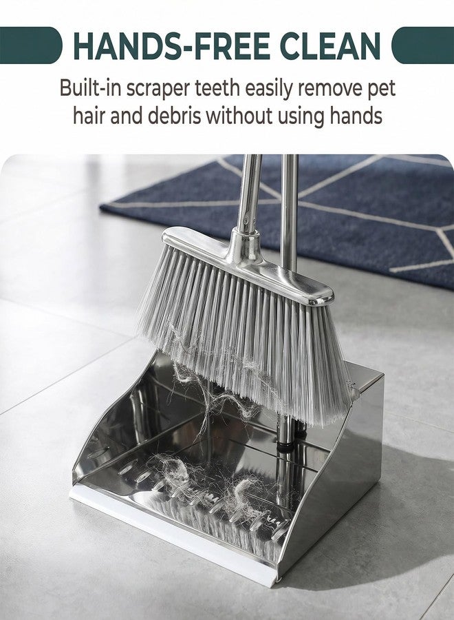 Dodifker Metal Dustpan with Soft Bristles Broom Heavy Duty Stainless Steel Upright Standing Dust Pan and Broom for Sweeping Indoor Outdoor Home Kitchen Office Lobby Hardwood Floor Cleaning - Image 3