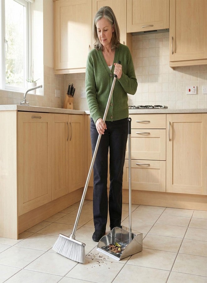 Dodifker Metal Dustpan with Soft Bristles Broom Heavy Duty Stainless Steel Upright Standing Dust Pan and Broom for Sweeping Indoor Outdoor Home Kitchen Office Lobby Hardwood Floor Cleaning - Image 5