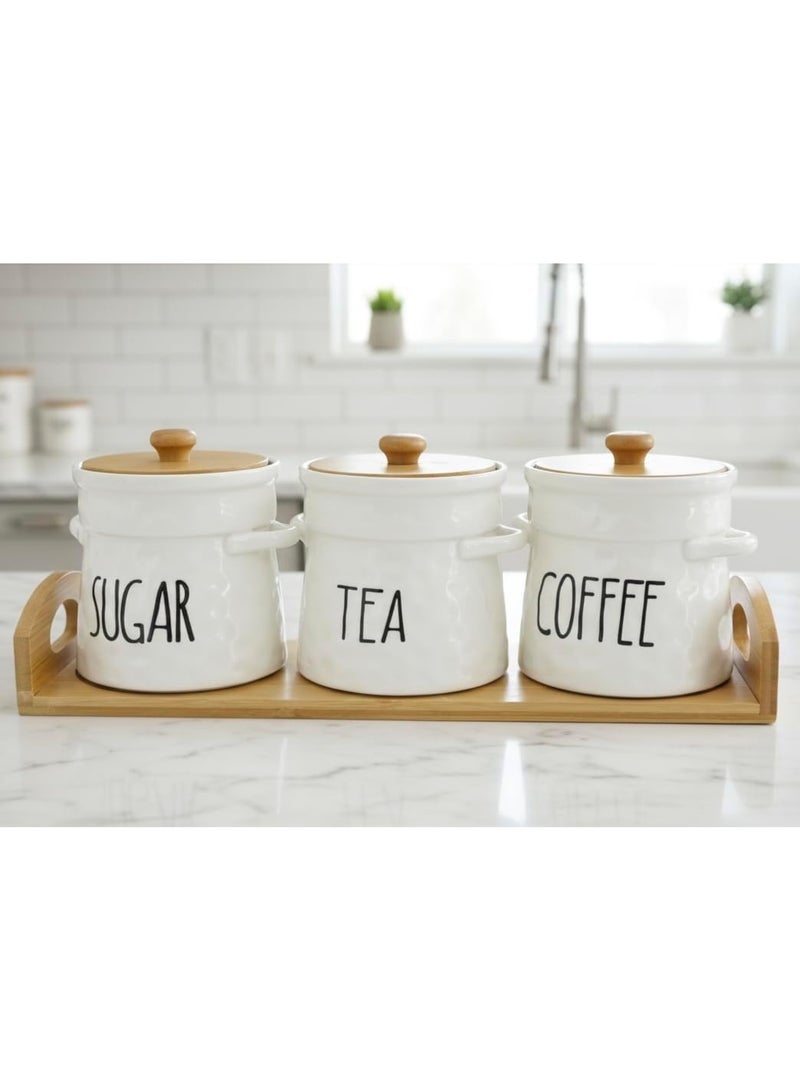 3-Piece Ceramic Kitchen Canister Set for Sugar Tea and Coffee with Wooden Lids and Wooden Tray, Decorative Food Storage Jars for Kitchen Counter and Coffee Bar - Image 4