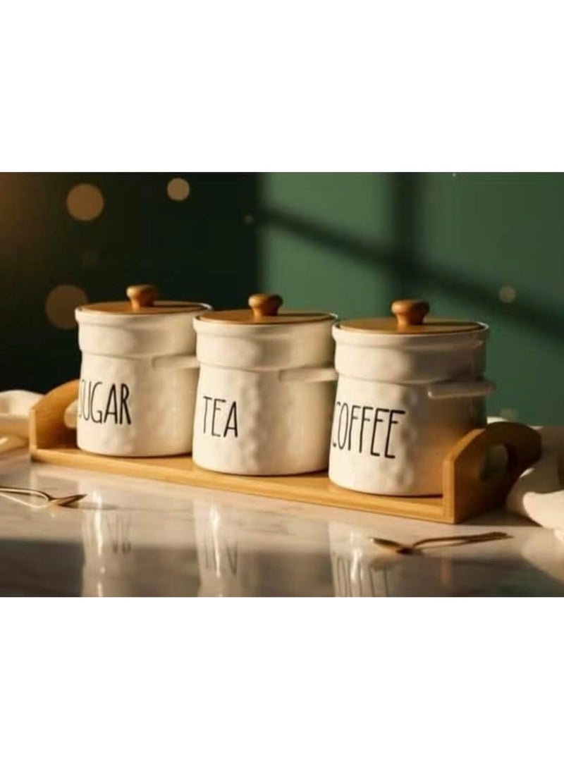 3-Piece Ceramic Kitchen Canister Set for Sugar Tea and Coffee with Wooden Lids and Wooden Tray, Decorative Food Storage Jars for Kitchen Counter and Coffee Bar - Image 3