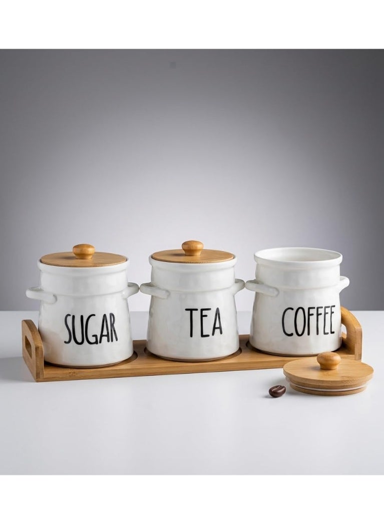 3-Piece Ceramic Kitchen Canister Set for Sugar Tea and Coffee with Wooden Lids and Wooden Tray, Decorative Food Storage Jars for Kitchen Counter and Coffee Bar - Image 5