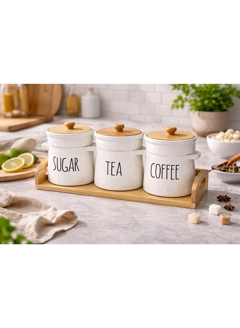 3-Piece Ceramic Kitchen Canister Set for Sugar Tea and Coffee with Wooden Lids and Wooden Tray, Decorative Food Storage Jars for Kitchen Counter and Coffee Bar - Image 1