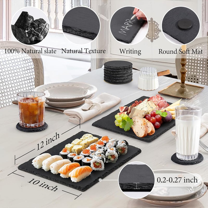 MAPRIAL 12 x 10 In 4 Pack Slate Cheese Boards, Black Stone Plates Charcuterie Board Gourmet Serving Tray Cheese Platter with Chalks for Sushi, Party, Gifts, Fruit, Meat, Appetizer, Wedding - Image 2