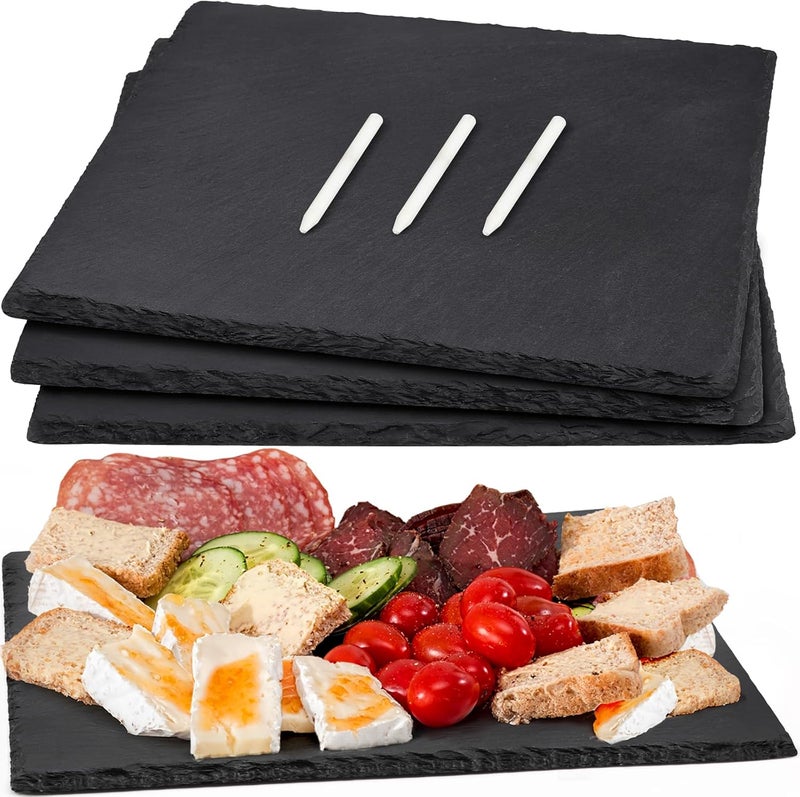 MAPRIAL 12 x 10 In 4 Pack Slate Cheese Boards, Black Stone Plates Charcuterie Board Gourmet Serving Tray Cheese Platter with Chalks for Sushi, Party, Gifts, Fruit, Meat, Appetizer, Wedding - Image 1