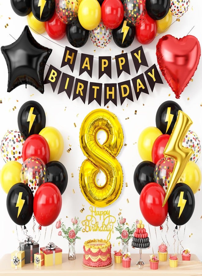 Vibzox 8th Birthday Decorations Red Black Yellow,8th Cartoon Birthday Balloon for Kids Printed Number 8 Balloons Banner Cake Topper Boy Girls Party Decor - Image 1