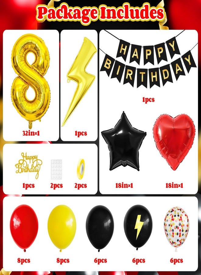 Vibzox 8th Birthday Decorations Red Black Yellow,8th Cartoon Birthday Balloon for Kids Printed Number 8 Balloons Banner Cake Topper Boy Girls Party Decor - Image 2