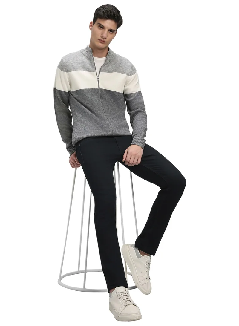 Men's Light Grey Mel 100% Acrylic Colourblocked Regular Fit Sweater