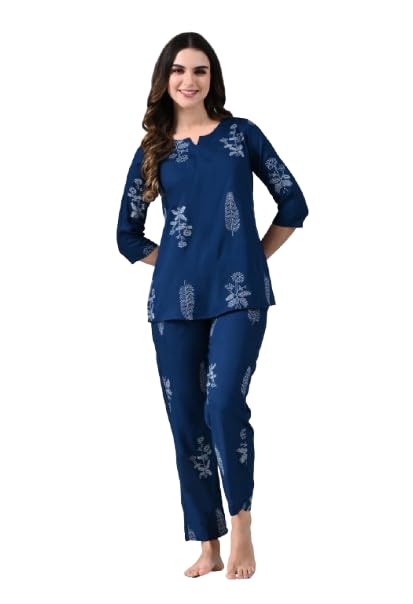 Ichaa Women Rayon Printed Night Wear Top and Bottom Night Suit Set, Blue, Small - Image 1
